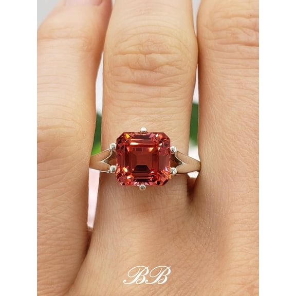 8mm Lab Orange Padparadscha Sapphire, Asscher Cut, 925 Unplated Sterling Silver