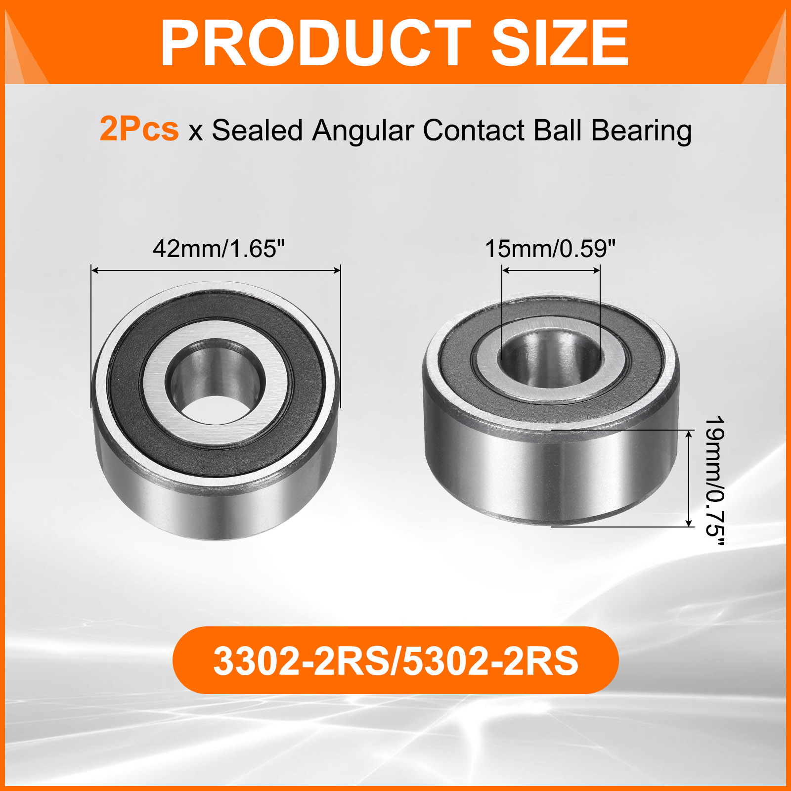 Uxcell 2 Pack 3302-2RS/5302-2RS Double Row Sealed Angular Contact Ball Bearing, 15 x 42 x 19mm Ball Bearings for Electric Motor, Pumps, Compressors, Agricultural Machinery