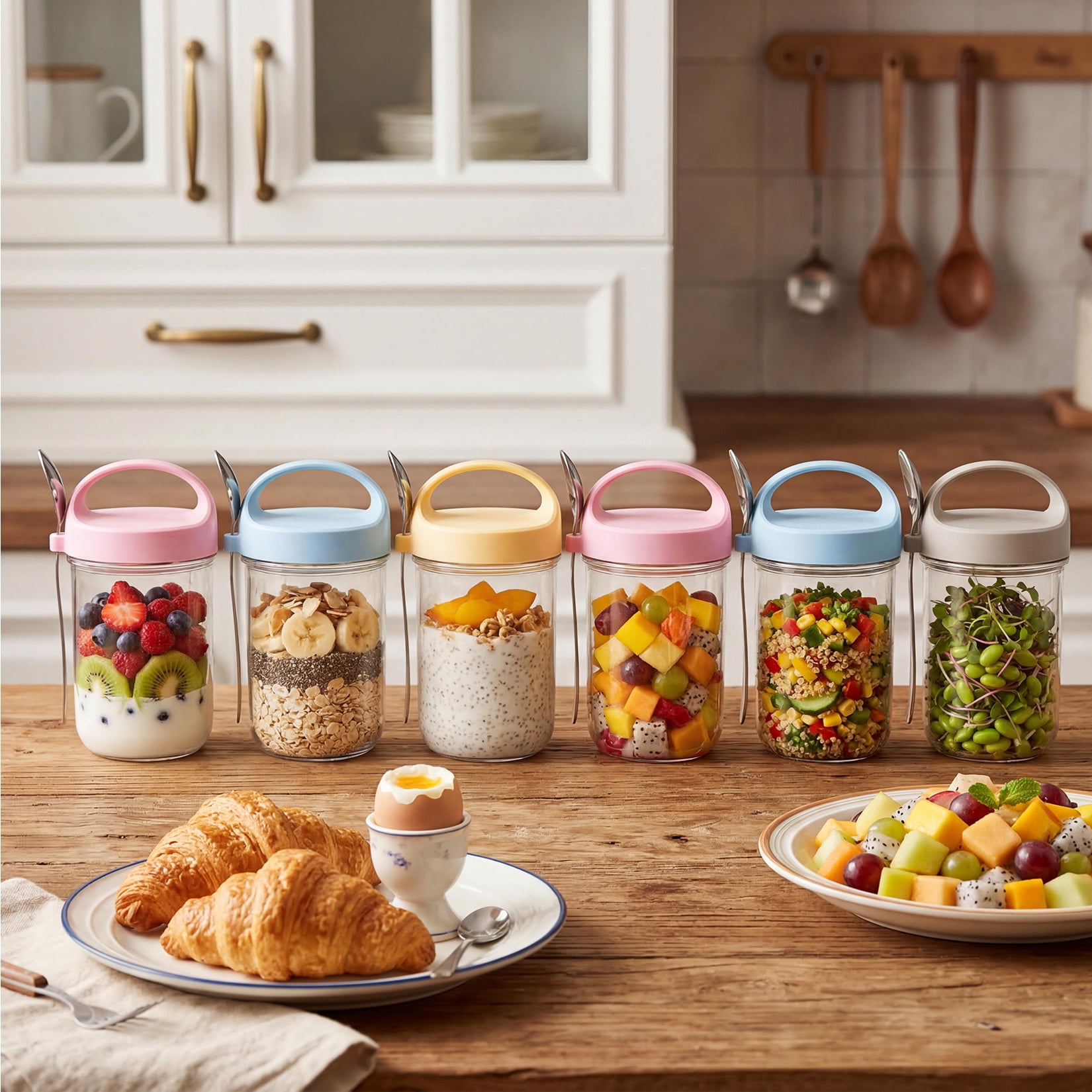 6 Pack Overnight Oats Jars with Lids and Spoons, 13–17 oz Glass Food Storage Containers with Airtight Leakproof Lids, Wide Mouth Mason Jar Cups for Yogurt, Salad, Meal Prep & Breakfast On The Go