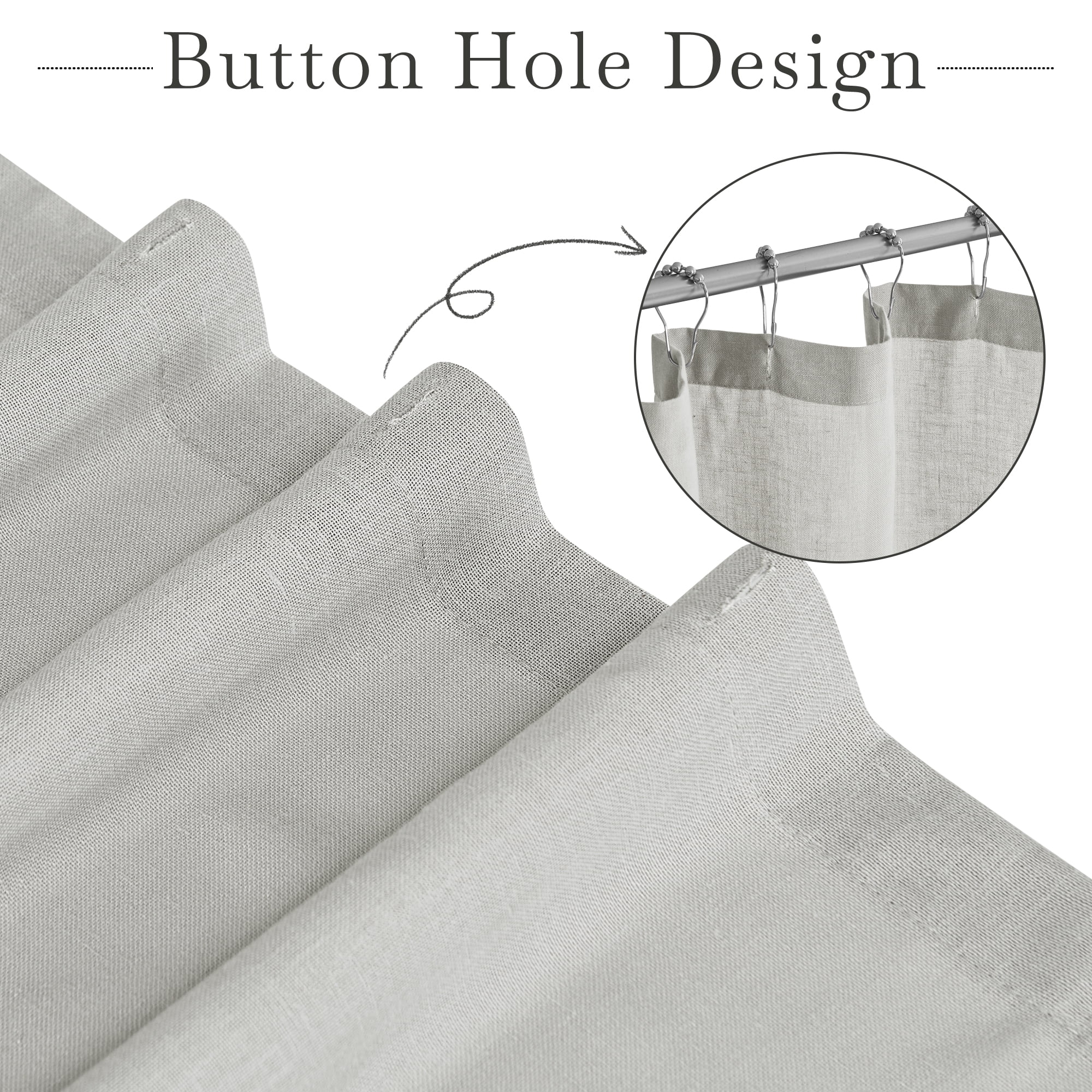 NICETOWN Linen Shower Curtain for Bathroom Linen Blend Button Hole Semi Sheer Lightweight Waterproof Shower Curtains for Bathtub, 72"x78", Hooks Included, Grey