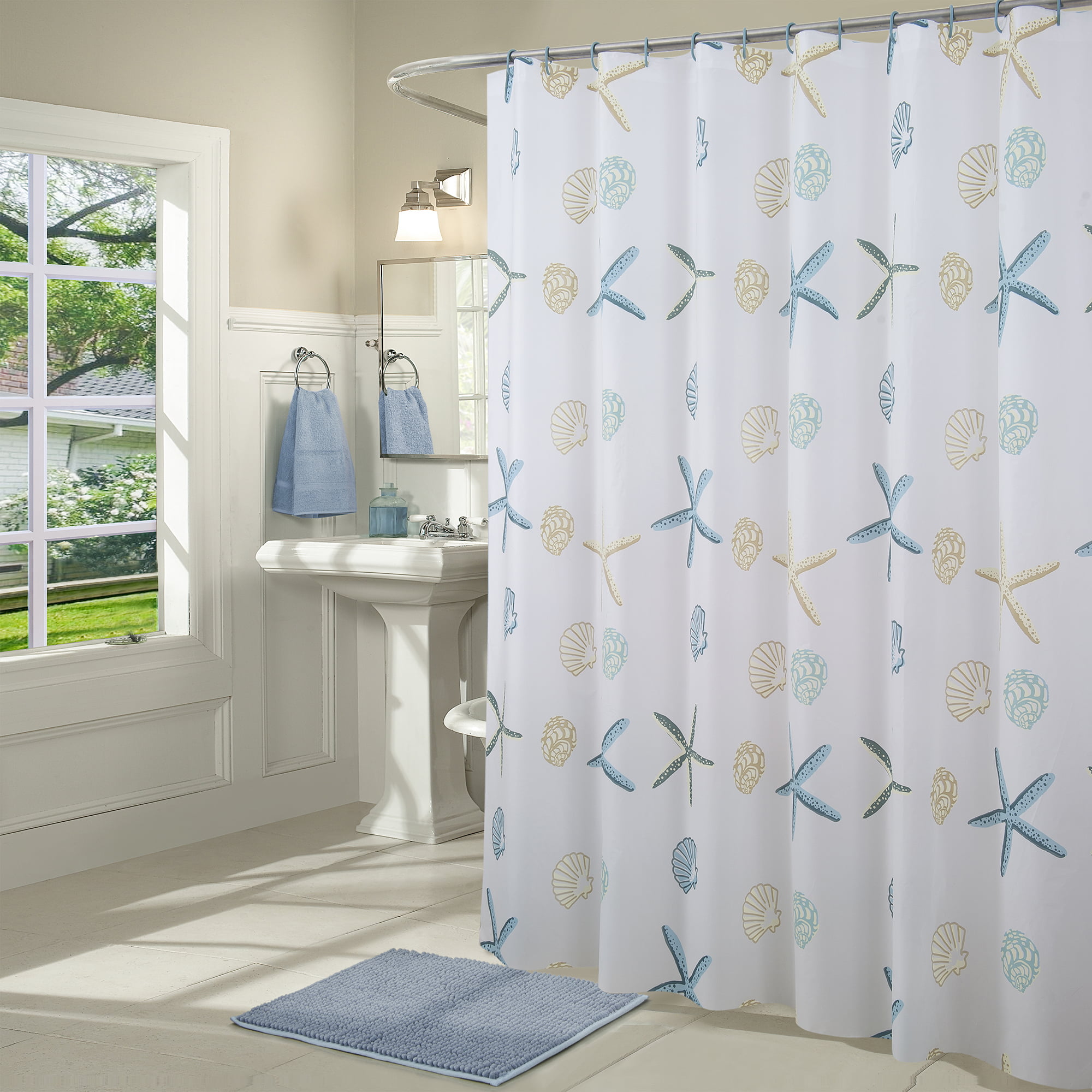 14pc Ocean Shells Starfish Sea Set Fabric Bathroom Window Shower Curtain Hooks 