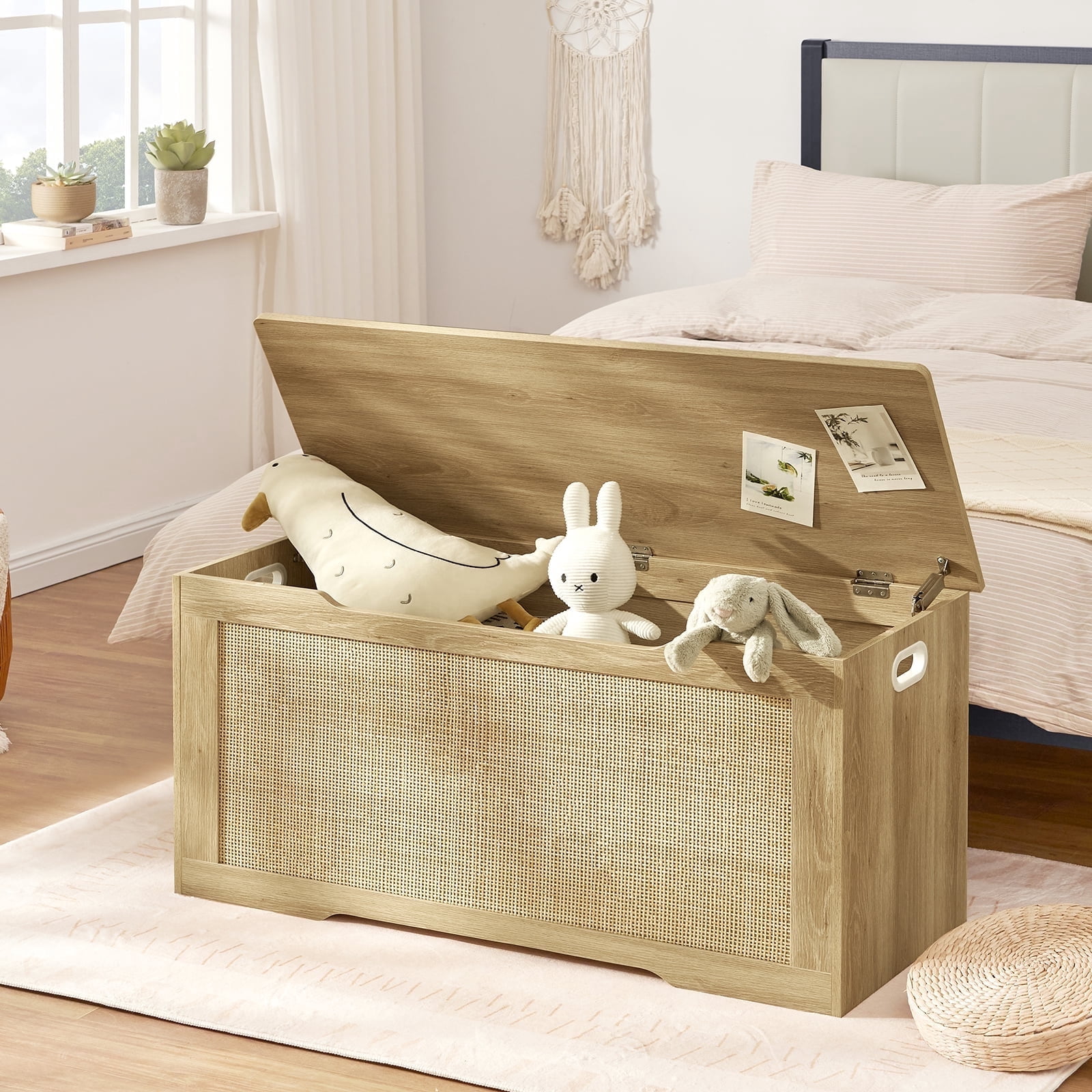 Rattan Storage Chest, Wooden Toy Chest with 2 Safety Hinges, Lift Top Storage Box with Gel Bumpers, Storage Trunk, Storage Bench for Hallway, Natural