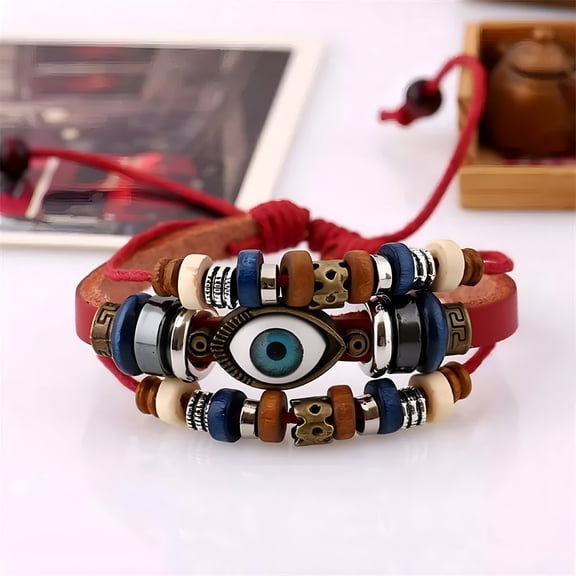 DESIGNICE Multi-Layer Braided Beaded Red Leather Evil Eye Wristband Bangle Prayer Amulet Leather Bracelets for Women