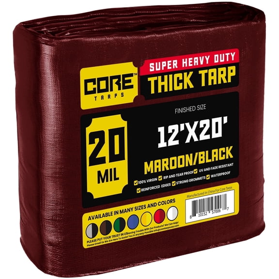 Core Tarps 20 Mil Heavy Duty Tarp Tarpaulin Waterproof Cover, Maroon/Black 12' x 20'