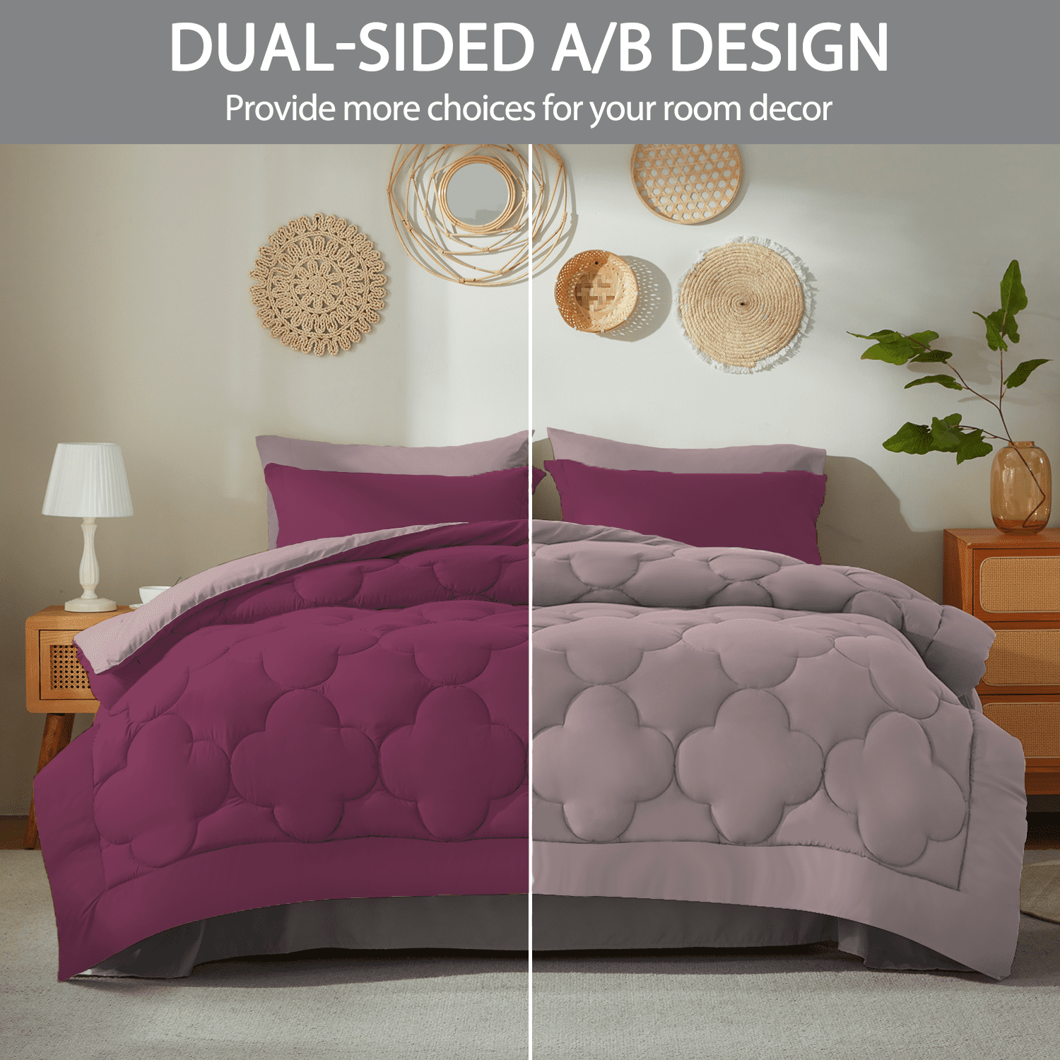 Bedtreat Twin Comforter Sets，5-Pieces Reversible Bedding Sets，Bed in a Bag with Comforter， Flat Sheet and Fitted Sheet, Pillowcase & Sham，Burnished Lilac/Amaranth