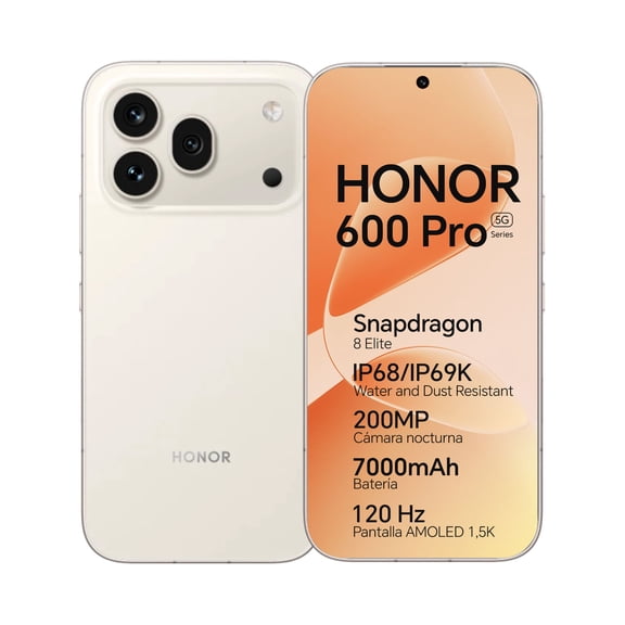 Celular HONOR 600 Pro 5G 12GB+512GB Snapdragon 8 Elite Cámara 200MP Pantalla AMOLED 6.57" 120HZ Batería 7000mAh Dual SIM eSIM,Dorado Platino
