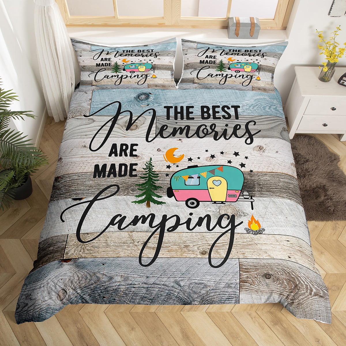 Happy Camping Duvet Cover Boho Farmhouse Bedroom Bedding Queen for Family Boys Girls Camping