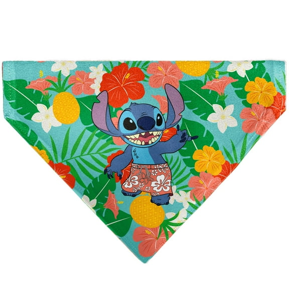 Disney Pet Bandana Lilo and Stitch Stitch Hang Loose Pose Floral Collage Blue Slip On Collar Bandana Only