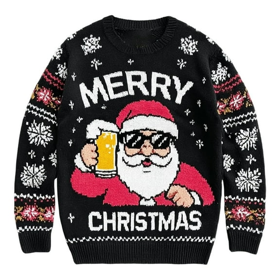DHFJKG Christmas Sweater For Men Knitted Funny Santa Pattern Crew Neck Long Sleeve Loose Fit Knitwear Pullover Xmas Festive Soft Tops