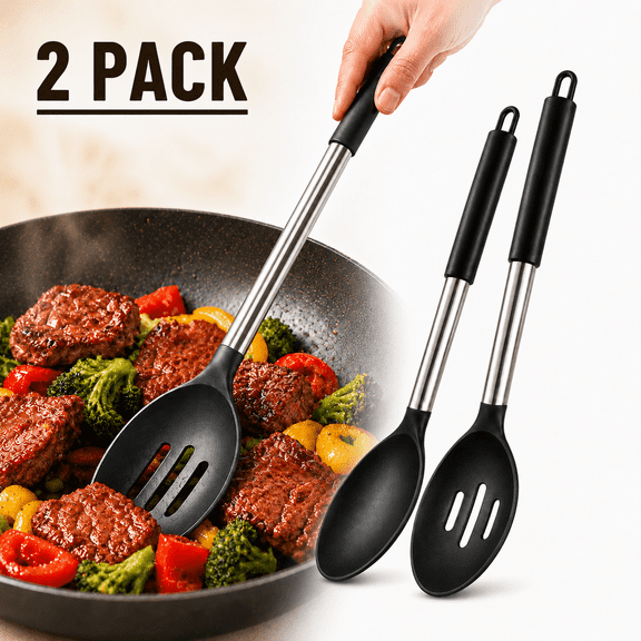 Ustris  2 Pcs 446°F Heat Resistant Large Silicone Cooking Spoon, 13.3inch Long Handle BPA Free Solid Slotted Spoons, Nonstick Kitchen Cookware Utensils, Mixing, Serving, Stiring Large Spoons, Black
