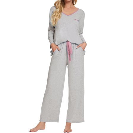 

cheibear Women s Pajama Set Soft Modal Contrast Color Long Sleeve Shirt and Pants Sleepwear 2pcs