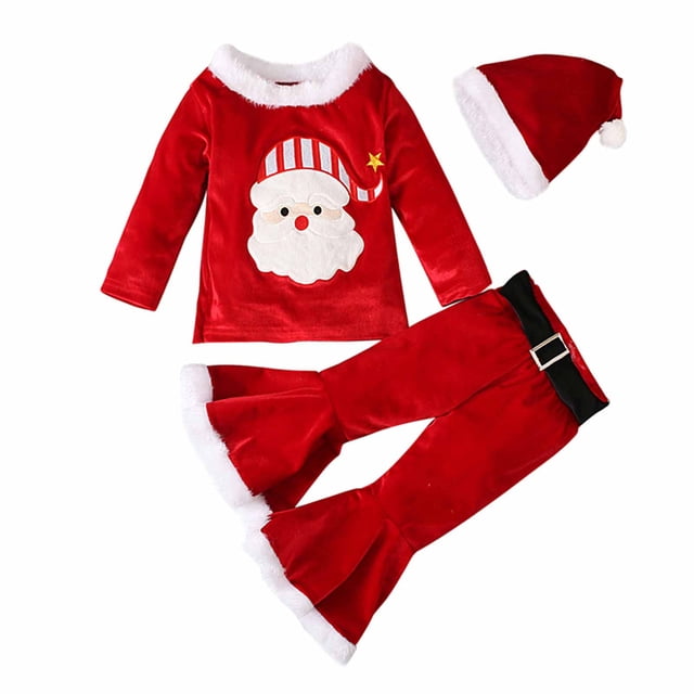 Ropa Para Bebés Y Niñas, Atuendo Para Niños Pequeños, Otoño Invierno, Patrón Navideño, Manga Larga, Pantalones Acampanados, Sombrero, Conjunto De Tres Piezas, Blanco Odeerbi LM103-2611