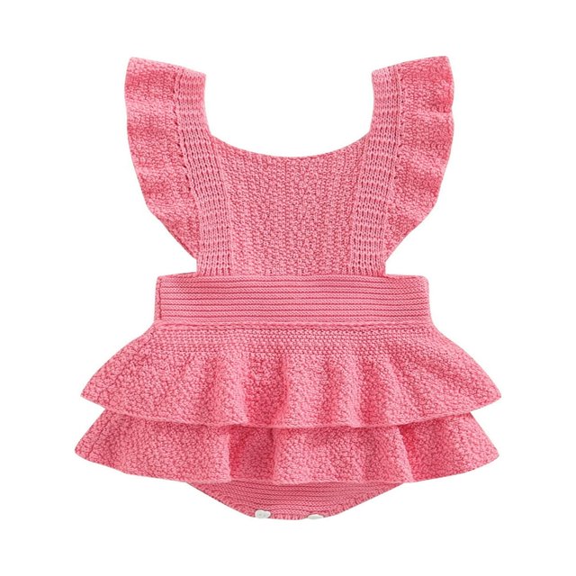 Baby Girls Knitting Rompers Solid Color Fly Sleeve Ruffle Hem Casual Party Street Spring Fall Summer Rompers Brown 3-6 Months