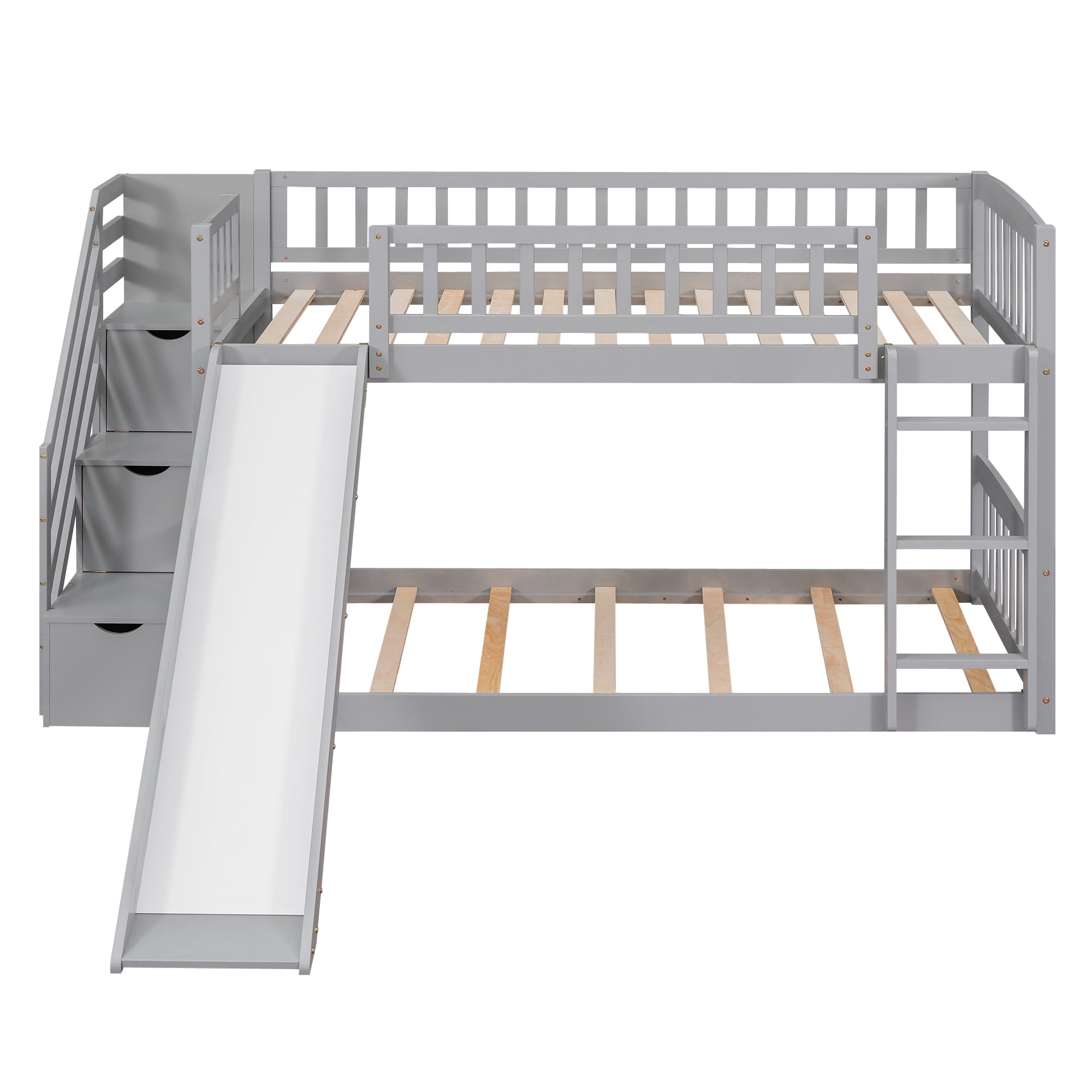 Mintazer Twin Over Twin Bunk Bed with Storage Staircase & Convertible Slide, Kids Bunk Bed Frame with Guardrails & Ladder, No Box Spring Needed, Gray