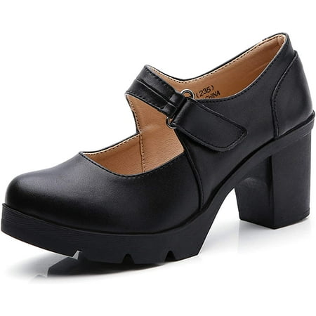 

Women s Leather Classic Mid Heel Mary Jane Square Toe Oxfords Platform Dress Pumps Shoes