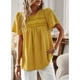 thumbnail image 2 of Top de manga corta con cuello redondo para mujer, camisa elegante informal holgada de Color puro con encaje de punto suizo, blusa amarilla XL, 2 of 6