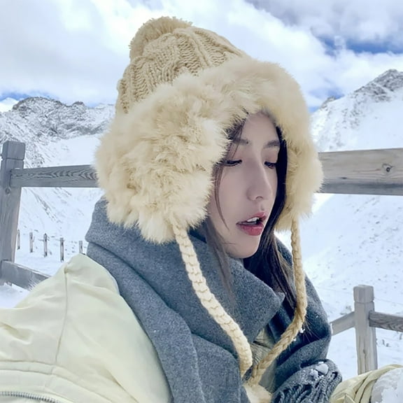 Dyfzdhu Women Foldable Handmade Ear Warm Wool Cap Cute Outdoor Knitted Hat Beige