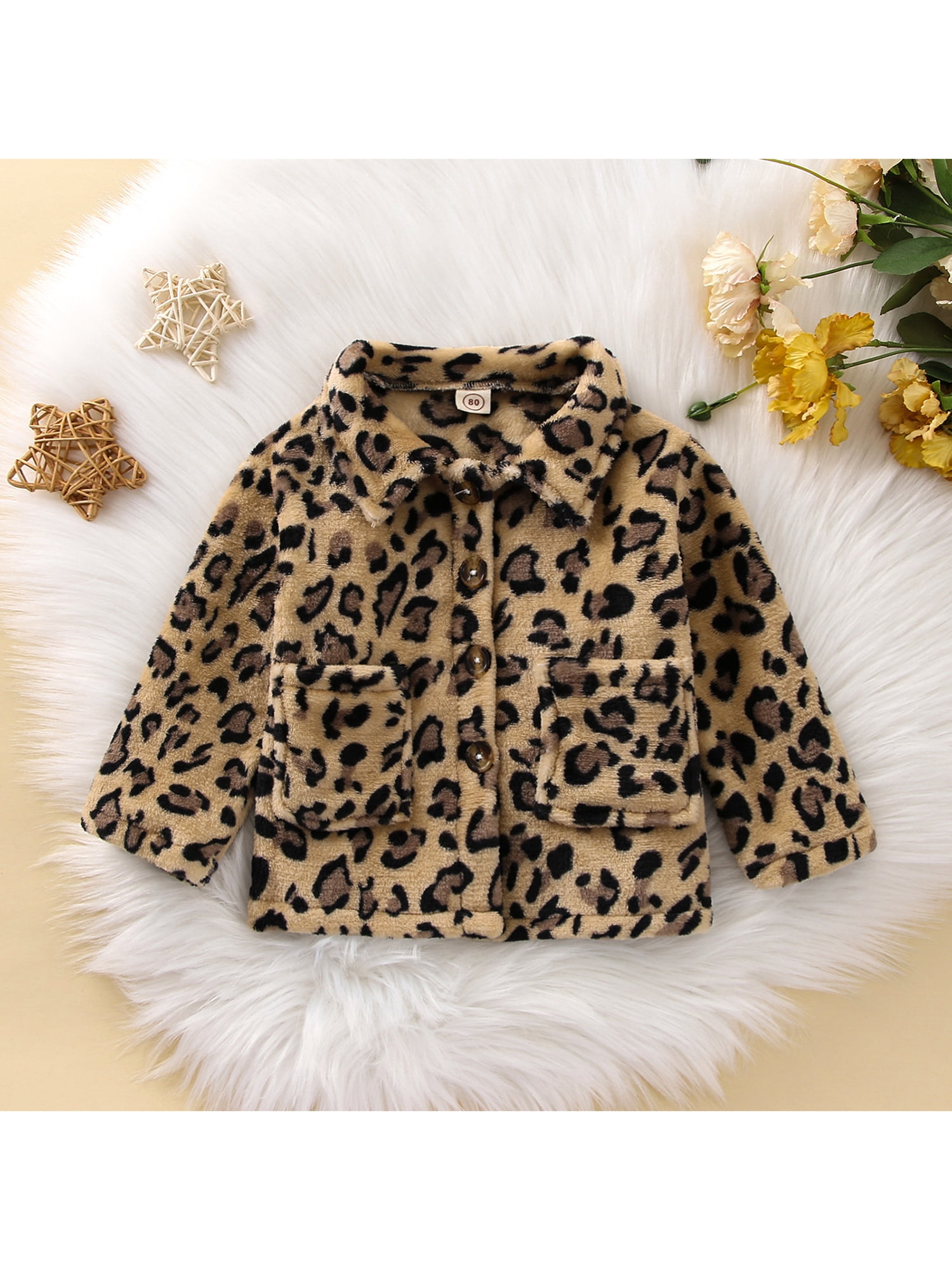 Toddler Girl Leopard Print Fuzzy Lapel Collar Collar Button Design Pink Coat