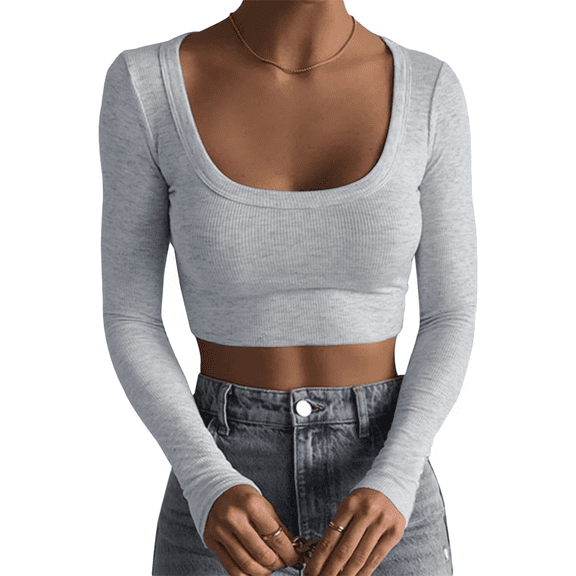 Women's Square Neck Long Sleeve Ribbed Slim Fitted Casual Basic Crop Top Grey M