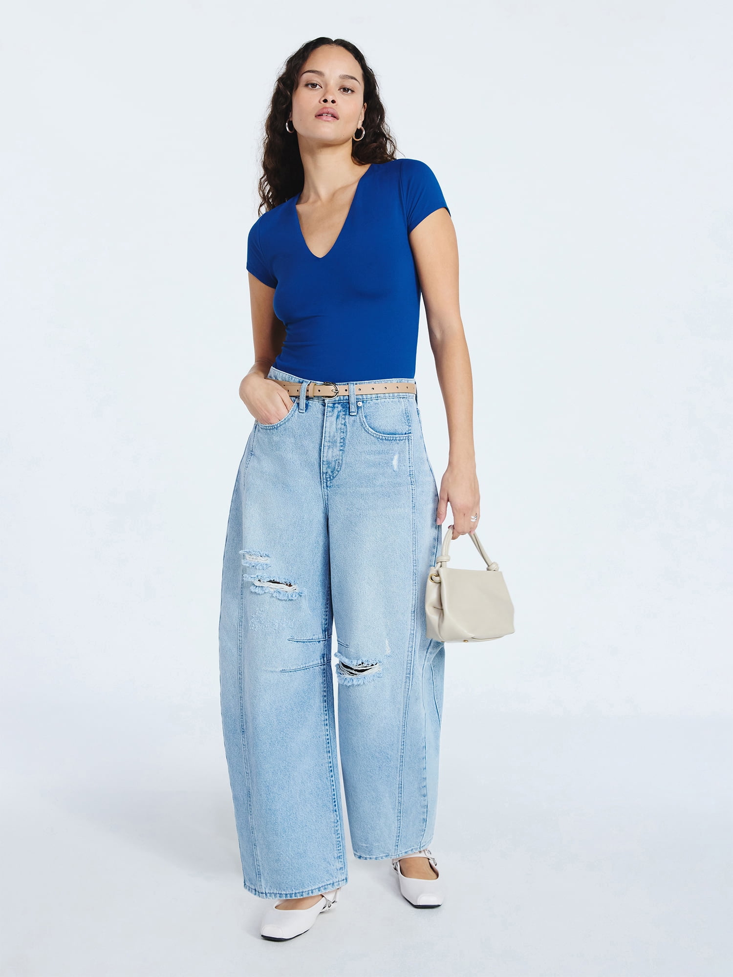 Scoop Women’s and Women's Plus High-Rise Ankle Barrel Jeans with Distressed Details, Sizes 0-26