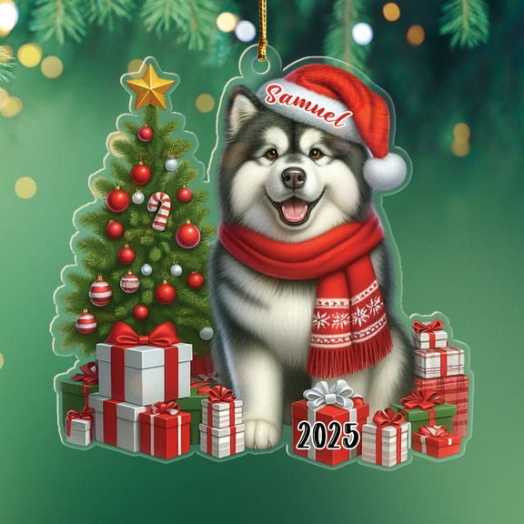 Funny Alaskan Malamute Shaped Christmas Ornament, Personalized Year Name Ornament Gift for Alaskan Malamute Dog Dad/Dog Mom, Custom Puppy Wearing Santa Hat Ornaments Gift for Christmas Anniversary