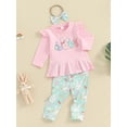 thumbnail image 3 of Suealasg Toddler Baby Girls Easter Clothes 6M 1T 2T 3T Long Sleeve Letter Print T-shirt +Bunny Print Flare Pants+ Headband Kids Girls Spring Casual 3Pcs Outfit Sets, 3 of 9