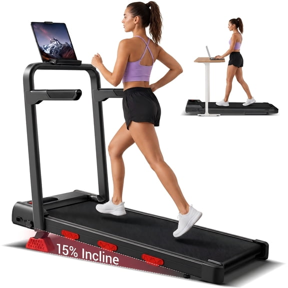 15% Incline Walking Pad with Handle Bar, Compact Under Desk Treadmill for Home Office, Foldable & Portable Walking Treadmill with LED Display, 300 LBS Capacity