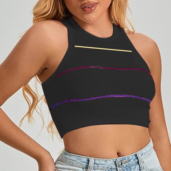 QUNYINEY Athletic Womens Tank Top Sleeveless Crop Crewneck Striped Shirts Workout Yoga Slim Tank Tops