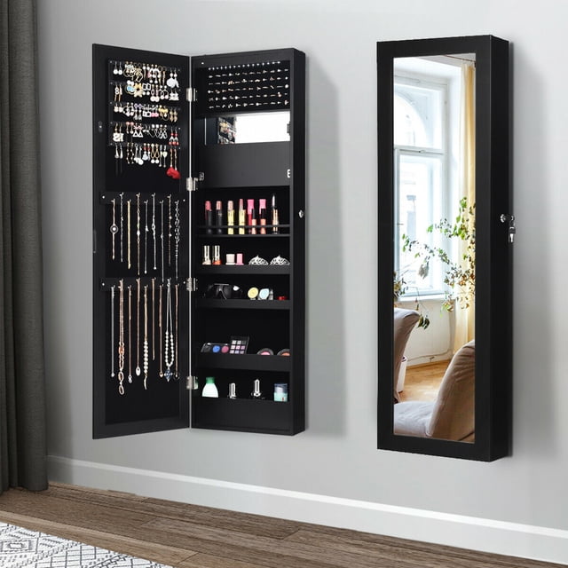 Gymax Armoire à Bijoux Murale et de Porte Verrouillable, Organisateur d'Armoire avec DEL, Noir