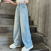 Jeans for Girls 10-12 Baggy Jeans for Teens Girls Baggy Wide Leg Elastic Waist Bowknot Embroidery Denim Pants Y2K Trendy Streetwear 12-16Y