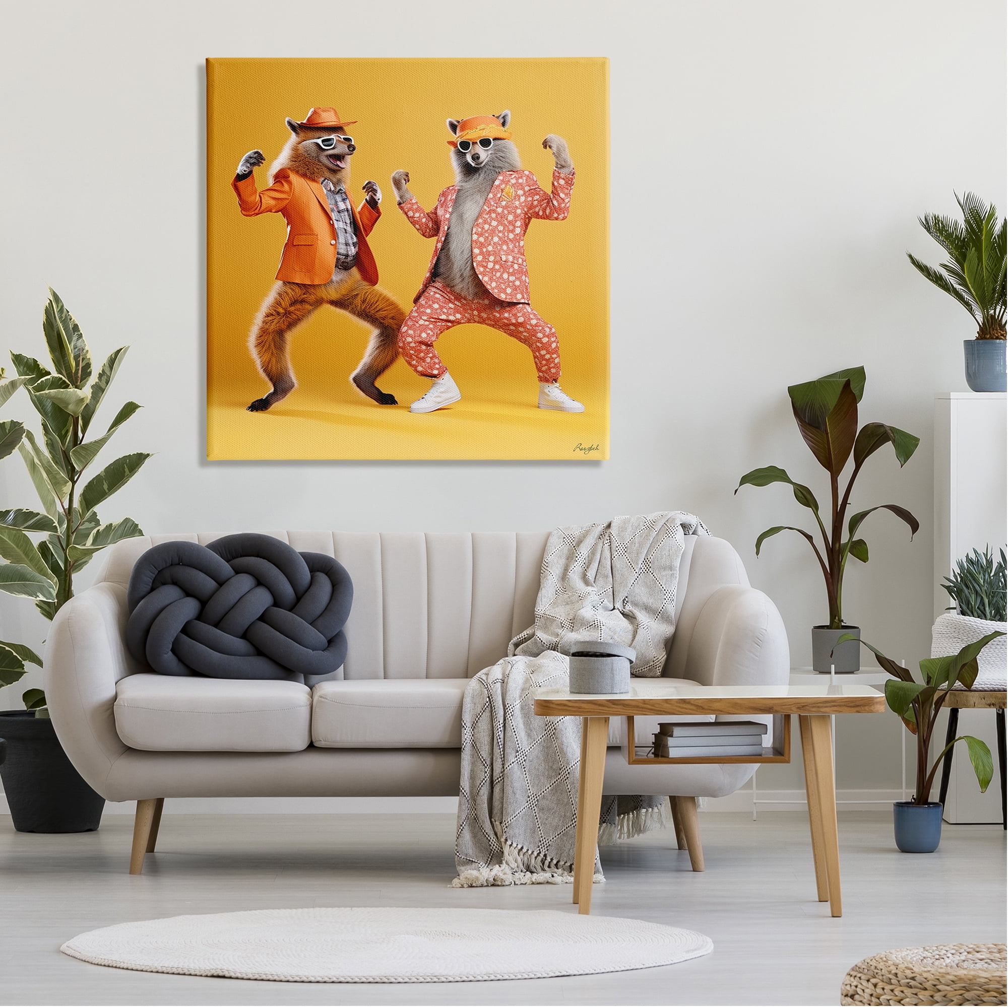 Stupell Industries Dancing Foxes on Yellow Animals & Insects Painting Gallery Wrapped Canvas Art Print Wall Art, 36 x 36