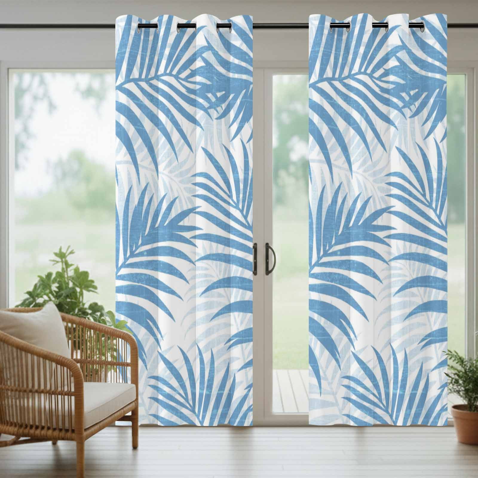 Sky Blue Palm Leaves Outdoor Curtains for Patio, Summer Botanical Tropical Plant Rustic Sunshade Privacy Drapes Grommet Waterproof Outside Curtains for Porch/Cabana/Balcony 54"x 108", 1 Panel