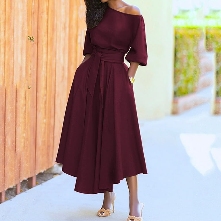 Hsmqhjwe HUSKARY Dresses for Women Womens Dresses Long Summer Dress Hem with Belt Women s Shoulder Maxi Off Casual A Line Irregular Women s Dress Mid