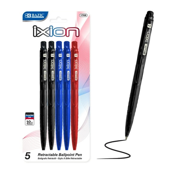 BAZIC Ixion Assorted Color Retractable Ballpoint Pens, 1.0mm (5/Pack), 24-Pack