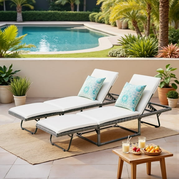 Devoko 2PCS Patio Folding Rattan Chaise Lounge Chair with Adjustable Back, Outdoor Cushioned Recliner for Garden&Backyard, White