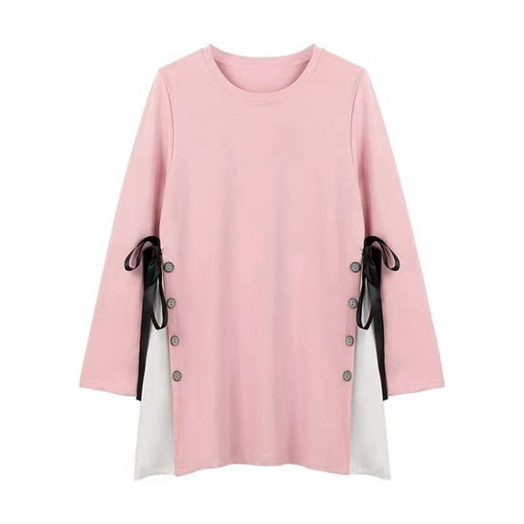 GigrtiJin Maternity Cotton Tunic Solid Color Round Neck Long Sleeve Slit Button Tie Tops Casual Comfy Nursing Blouse