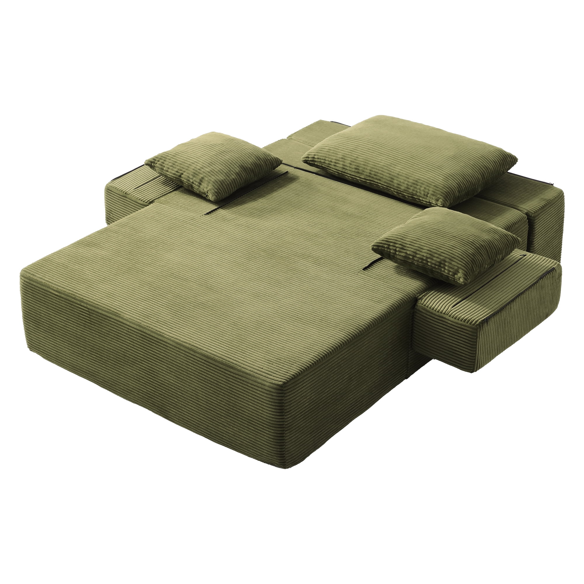 48" Wide Luxurious Corduroy Chaise Lounge with 3 Pillows, 71" Convertible Sofa Bed with Storage Pocket and Cup Holders