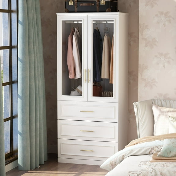 KULAGAGA Wardrobe Closet with Glass Doors, Modern White Bedroom Armoire with Gold Handles, 3 Drawers, Hanging Rod, 31.7”W x 19.3”D x 74.8”H