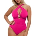 thumbnail image 4 of QUNYINEY One Piece Swimsuit Women Tummy Control Pink Slimming Monokini V Neck Cutout Ruched Swimwear, 4 of 7
