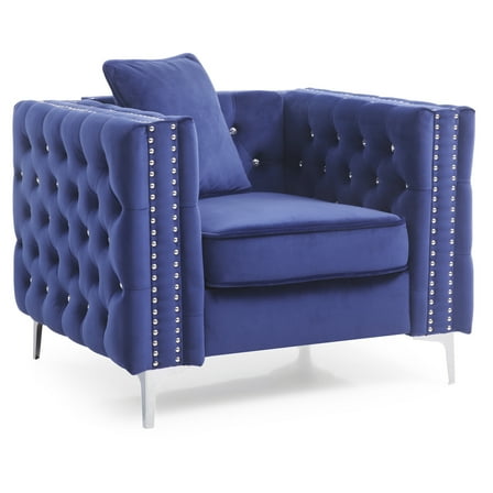 Bohemian Accent Chair Blue Velvet Tufted Chair Stylish Living Room Seating