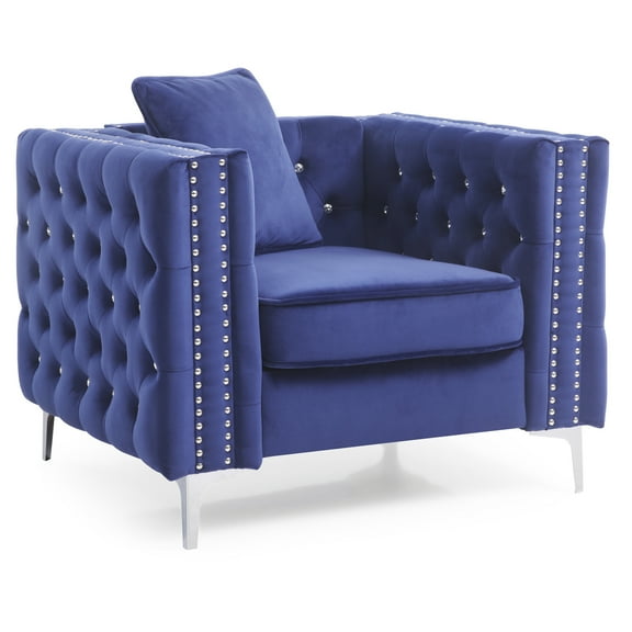 Bohemian Accent Chair Blue Velvet Tufted Chair Stylish Living Room Seating
