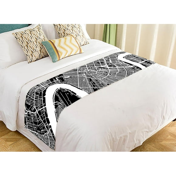 YUSDECOR New Orleans Map Black Landmass White Water Roads Bed Runner Bedroom Bedding Decor Bedding Scarf Size 20x95 inches
