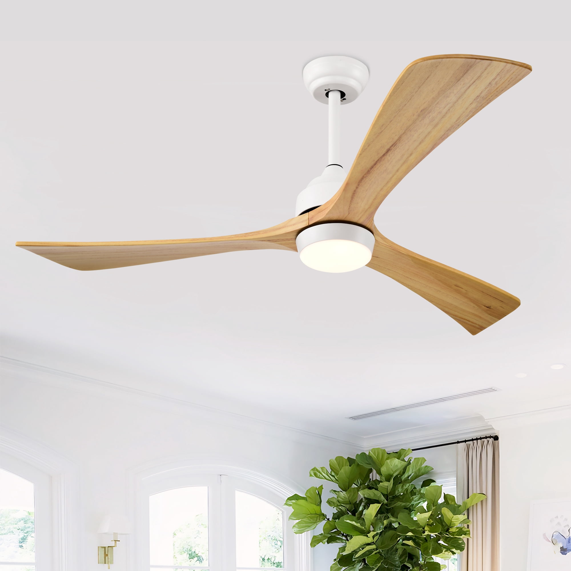 Ceiling Fan with Light, 52 Inch Solid Wood Blade Quiet Fan for Home Office Living Room, White Natural Wood