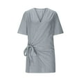 thumbnail image 4 of Women Lightweight Linen T Shirt Dress Wrap V Neck Ruched Side Tie Knot Casual Solid Color Breathable Summer Outfits, 4 of 9