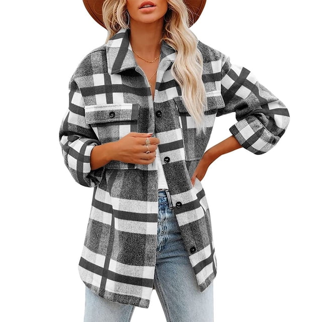 Chaqueta tipo camisa con botones y bolsillos de franela cepillada con cuadros informales para mujer (gris)