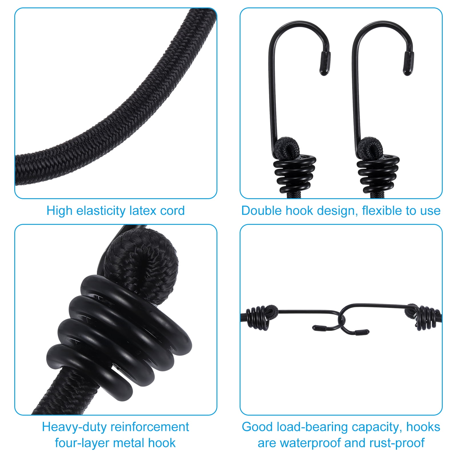 Uxcell Bungee Cord with Hooks, 59 inch Reflective Elastic Rope Outdoor Strapping Tape Hook, Black 4 Pack