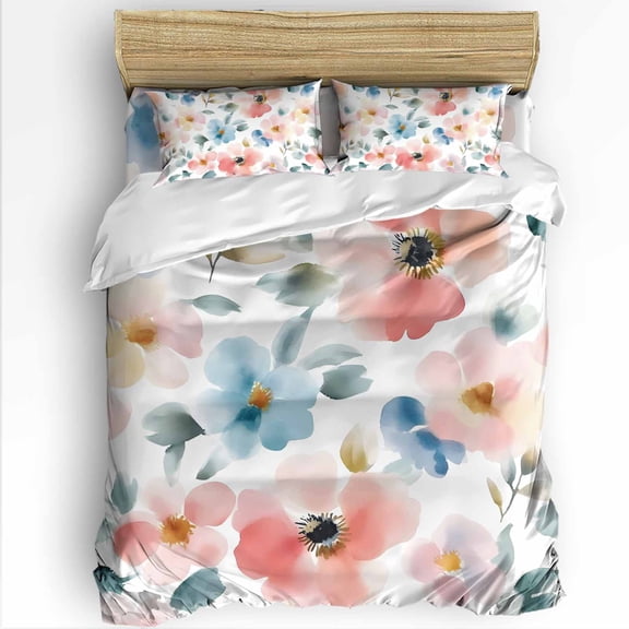 Watercolor Flower King Size Comforter Set, Retro Blue Red Floral Garden Soft Bedding for All Seasons, 4 Pcs Bed Set with 1Comforter (90"x106") ,1 Sheet(94"x116"), 2 Pillowcases (19"x35")