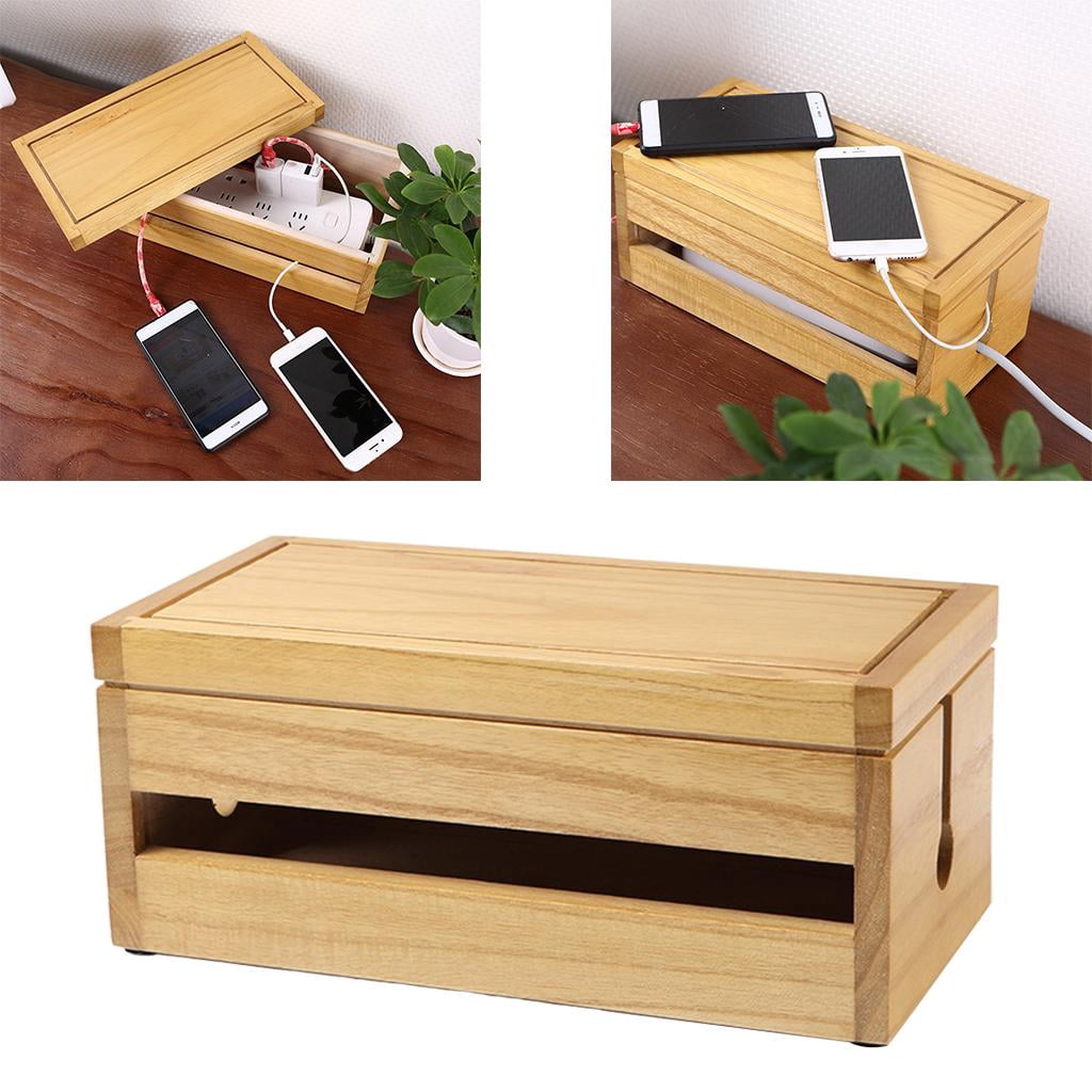 Cable Management Box Wood Cord Organizer for Wire Management Concealer for Desktop color wood color