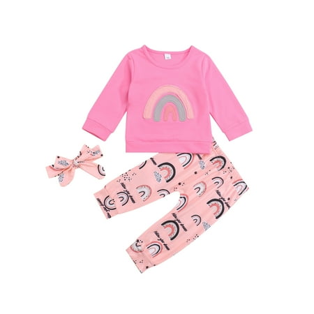 

BrilliantMe Toddler Infant Baby Girls Clothes Rainbow T-shirt and Print Long Pants Headband Outfits Set Pink 0-6 Months