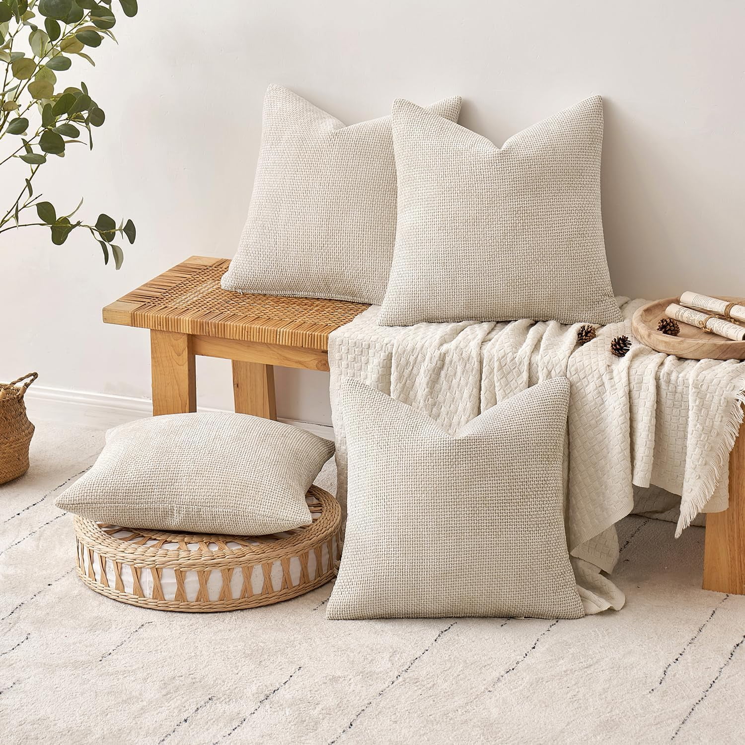 SUSIELADY Set of 4 Decorative Throw Pillow Covers 18x18 Inch, Soft Chenille Cushion Covers for Couch Sofa Bed, Boho Farmhouse Style for Living Room & Bedroom Decor, Cream